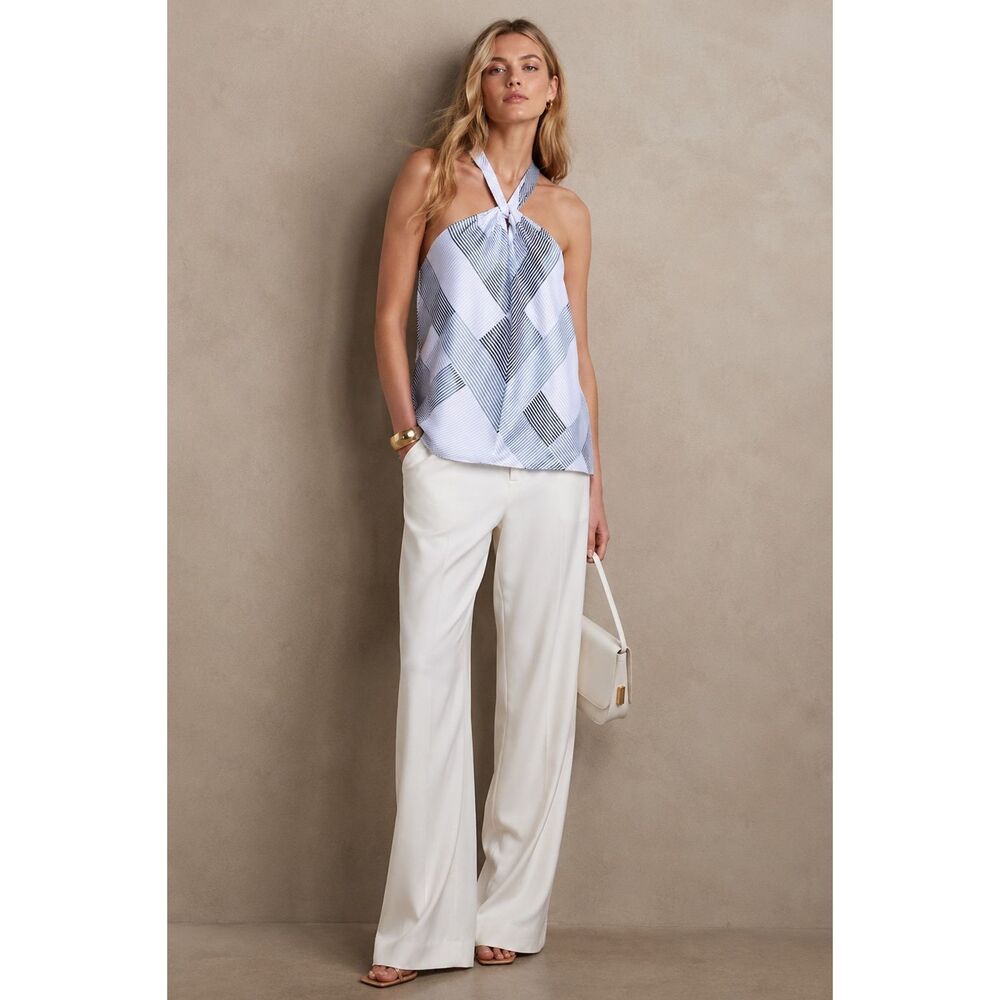 Banana Republic Blue & White Geometric Belay 100% Silk Halter Tank Top Size S